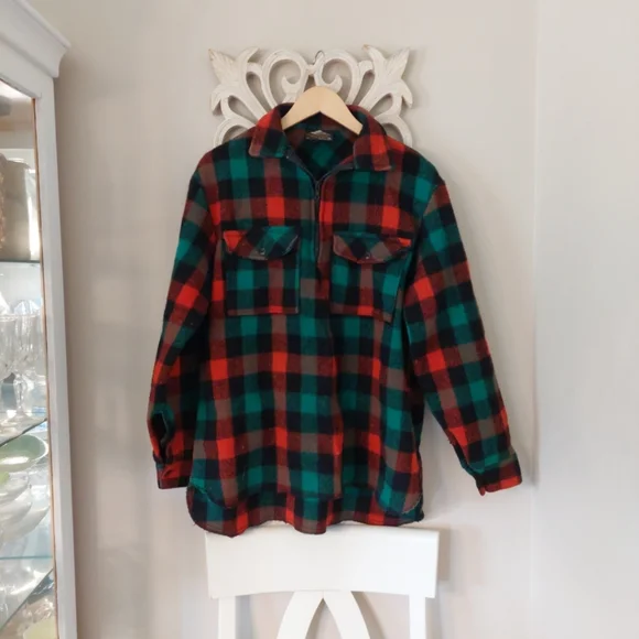 Egmont Red and Green Plaid 1/4 Zip Jacket/Pullover 100% Wool Vintage Medium - Picture 1 of 6